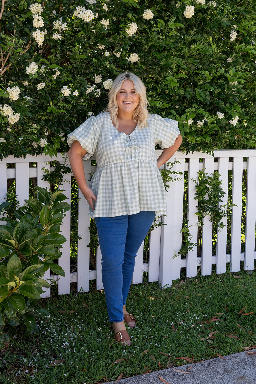 Birdie Top in Sage Gingham