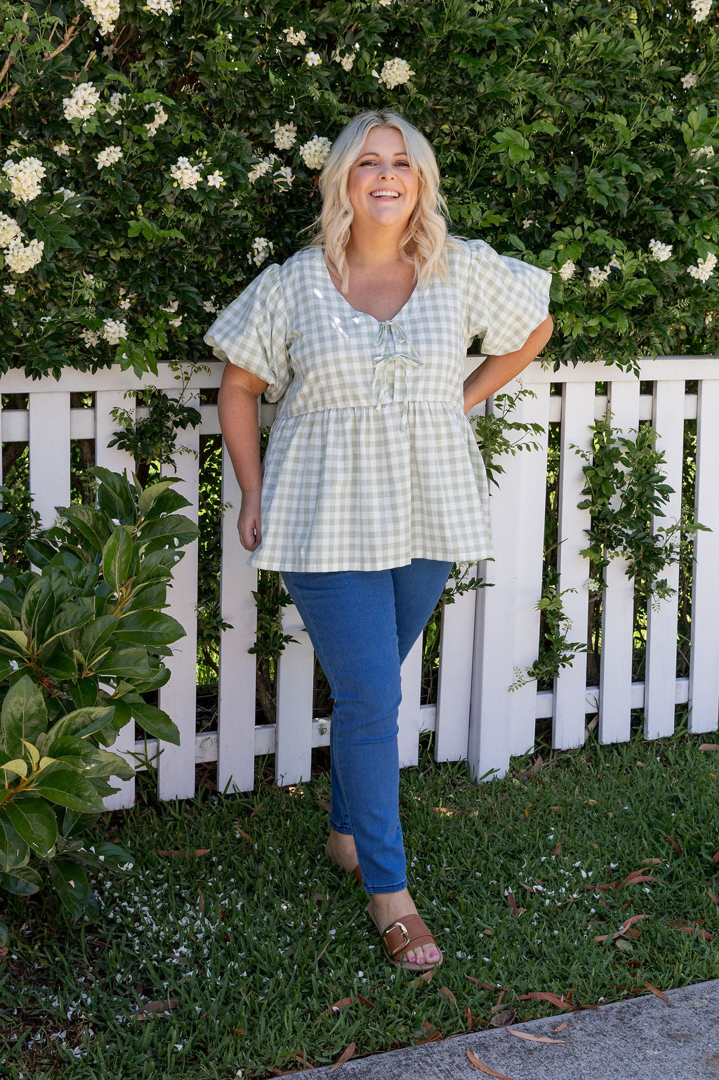 Birdie Top in Sage Gingham