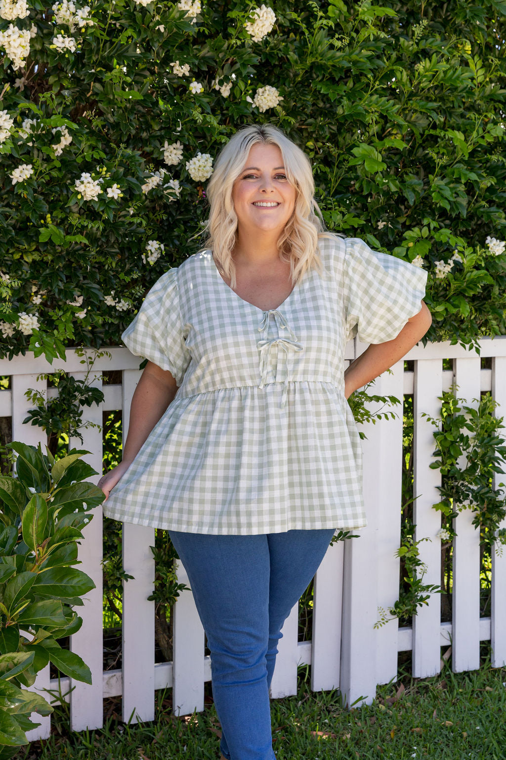 Birdie Top in Sage Gingham