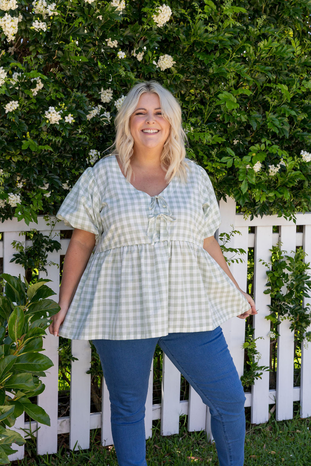 Birdie Top in Sage Gingham