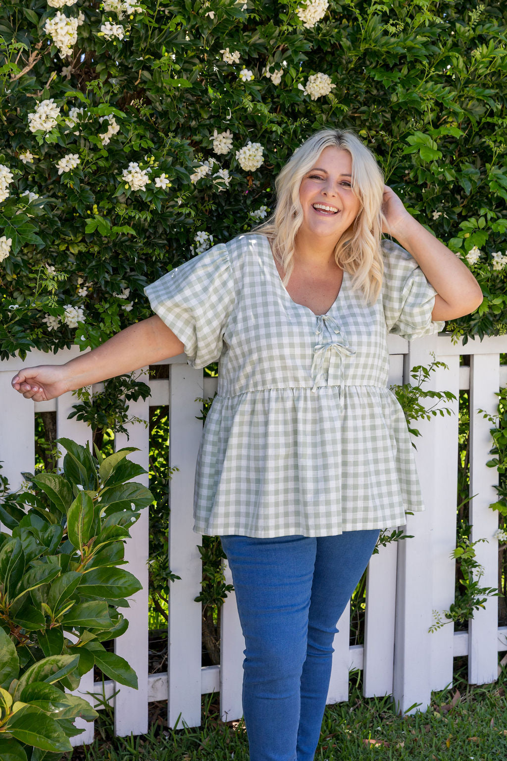 Birdie Top in Sage Gingham
