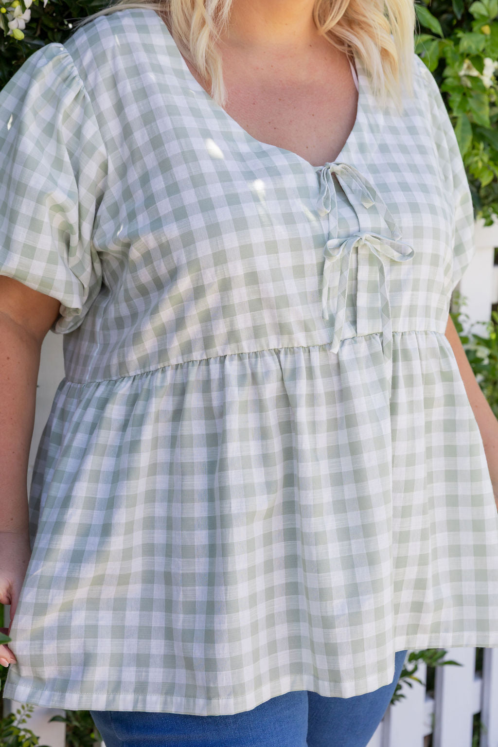 Birdie Top in Sage Gingham