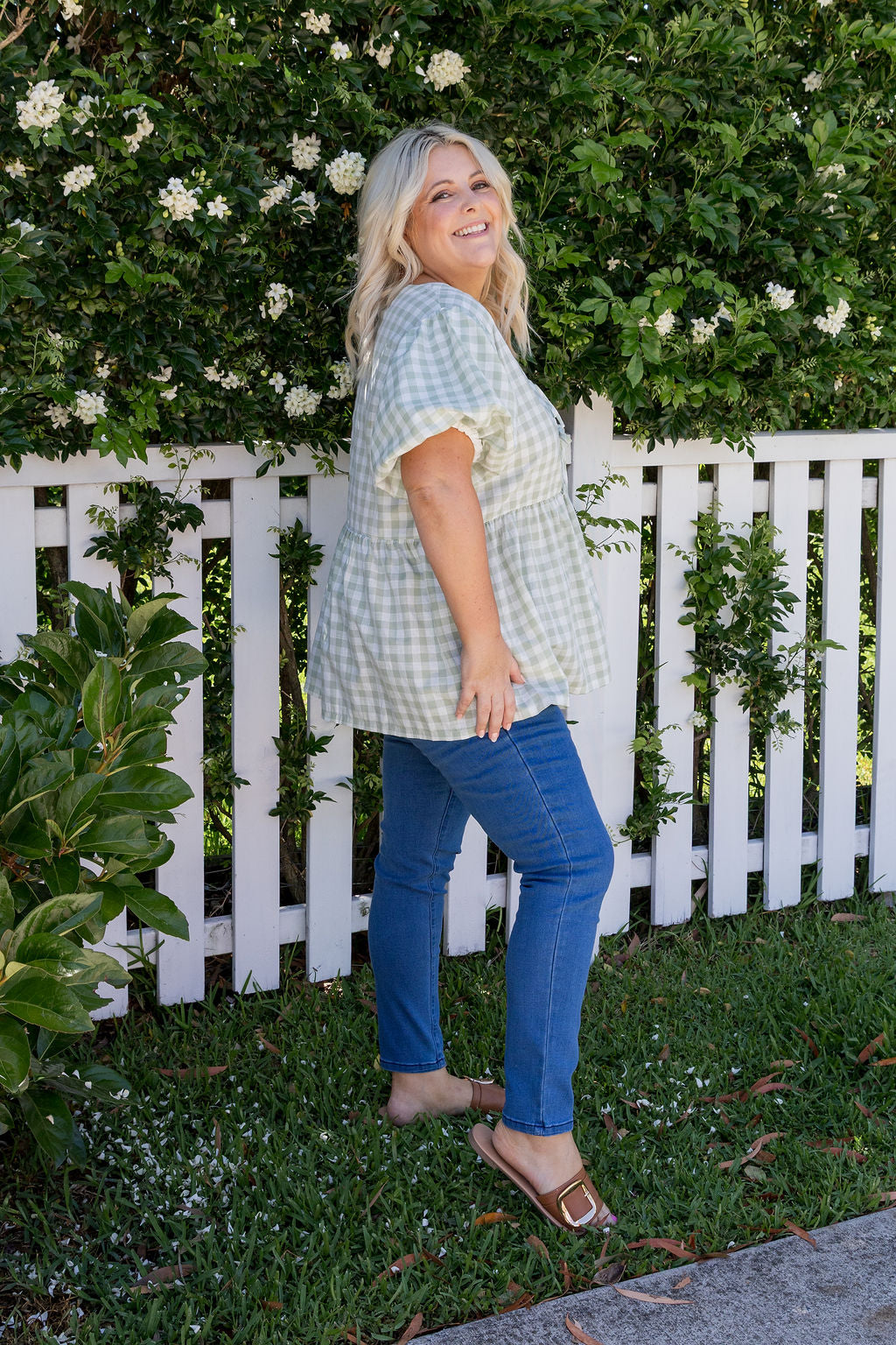 Birdie Top in Sage Gingham
