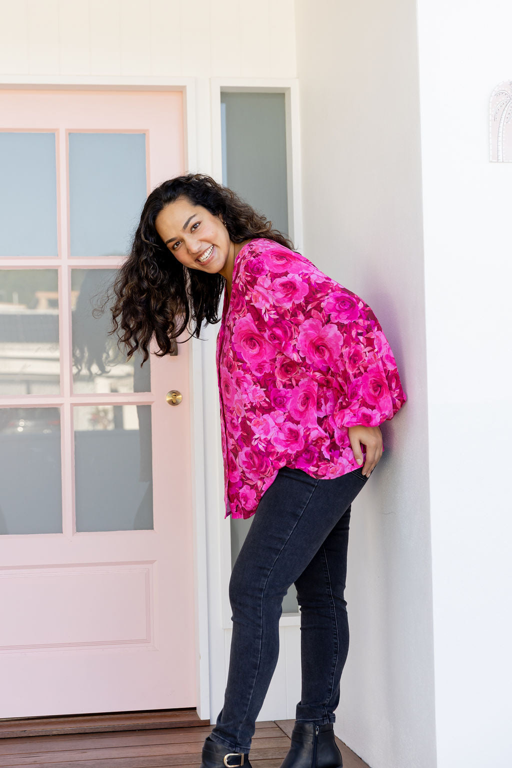Winona Long Sleeve Blouse In Pink Roses