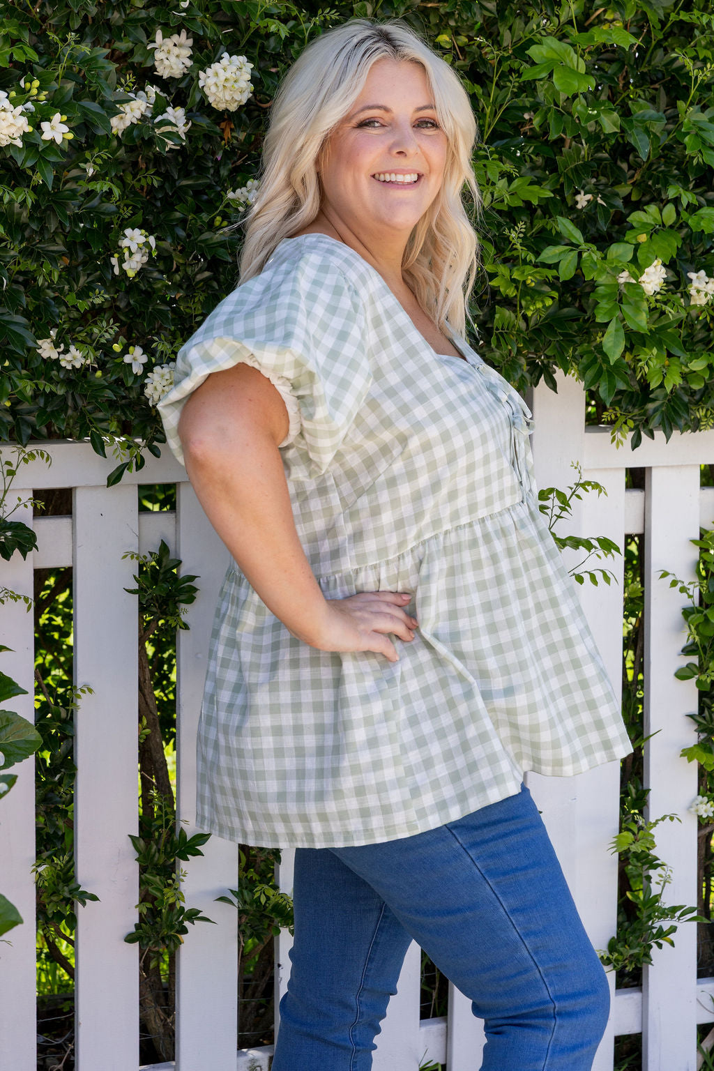 Birdie Top in Sage Gingham