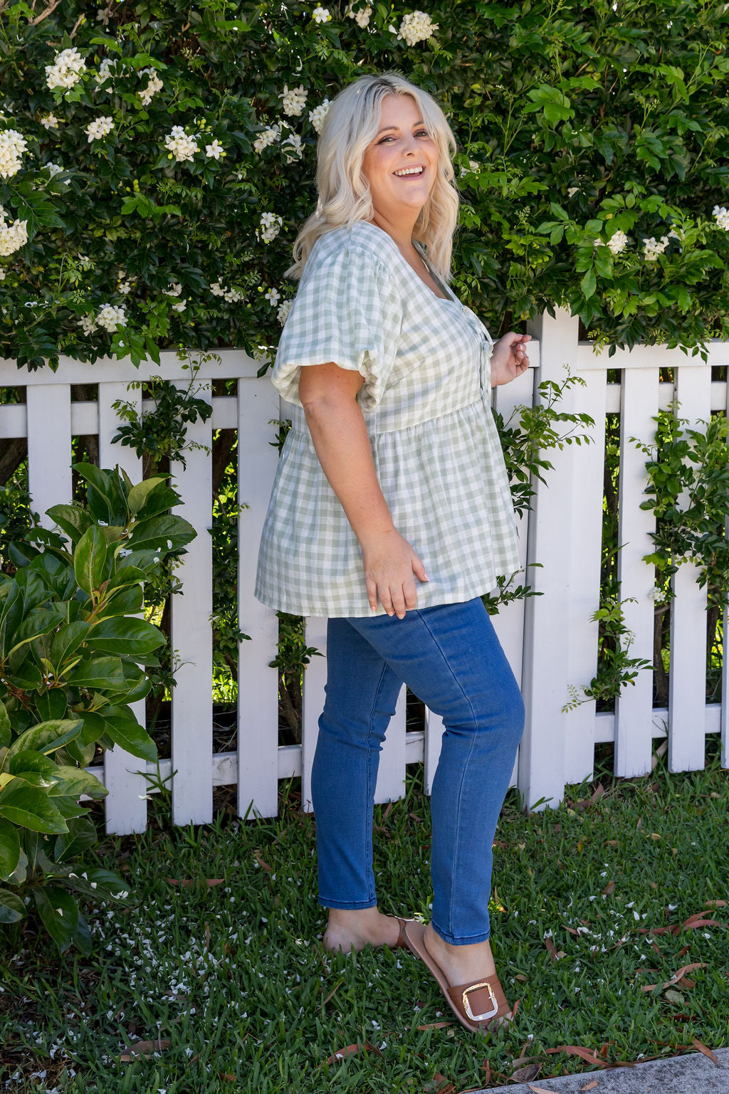 Birdie Top in Sage Gingham