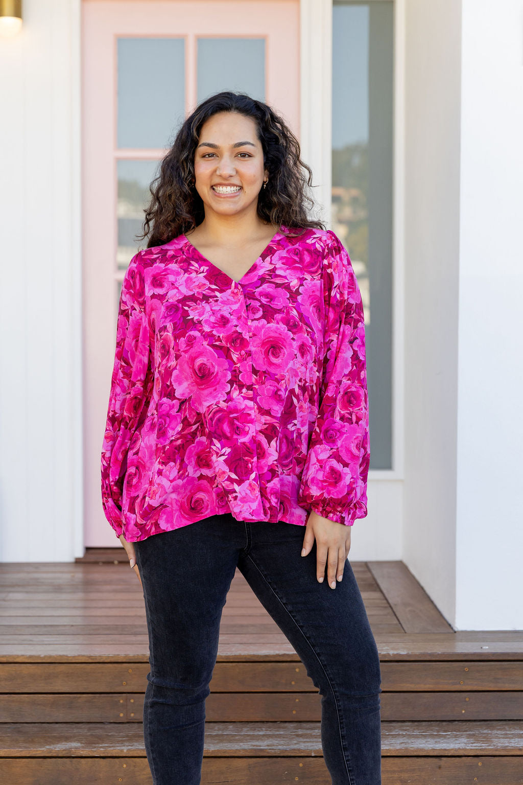 Winona Long Sleeve Blouse In Pink Roses