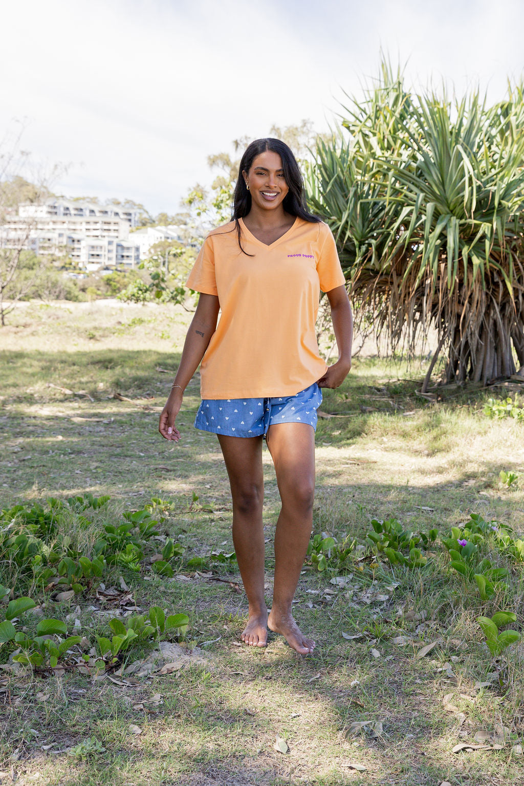 Good Vibes V-Neck Tee in Peach