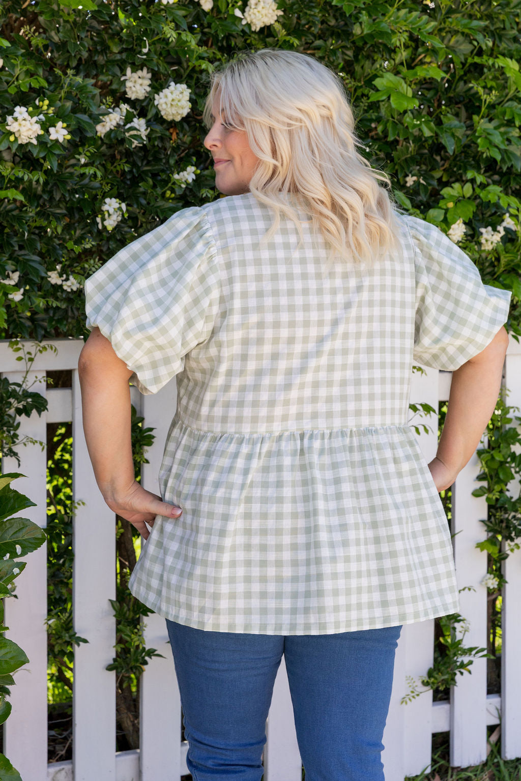 Birdie Top in Sage Gingham
