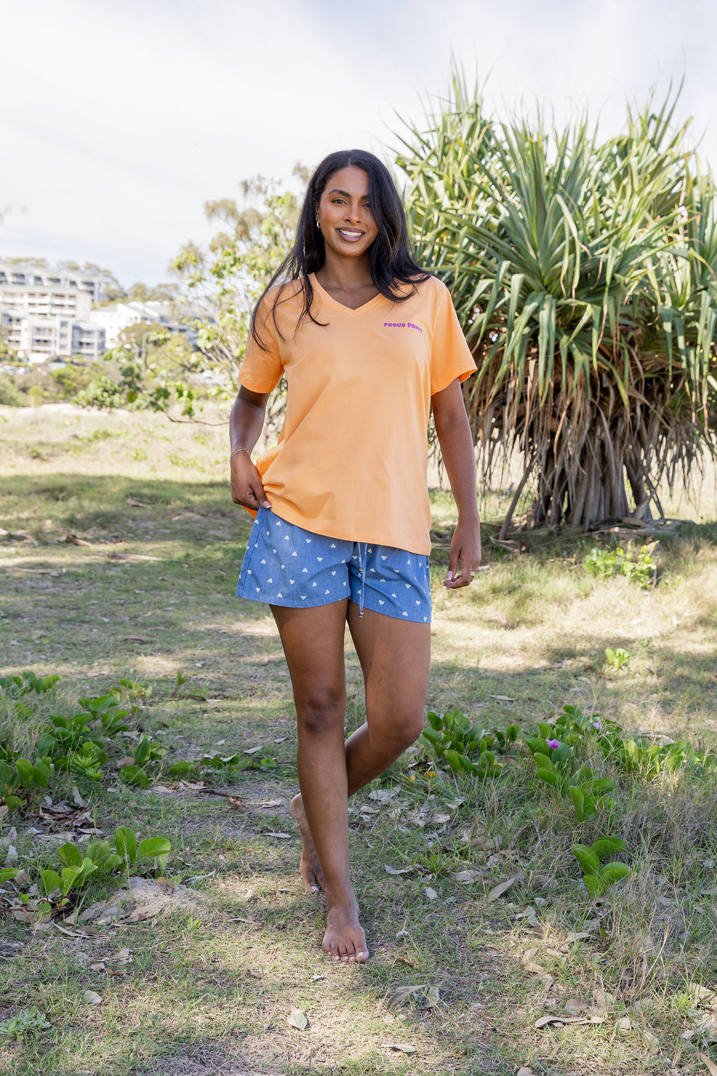 Good Vibes V-Neck Tee in Peach