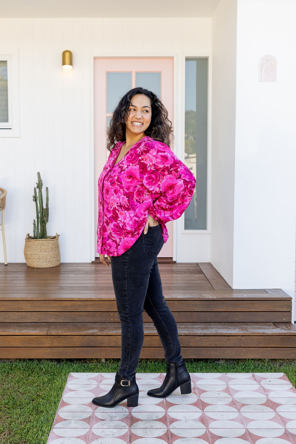 Winona Long Sleeve Blouse In Pink Roses