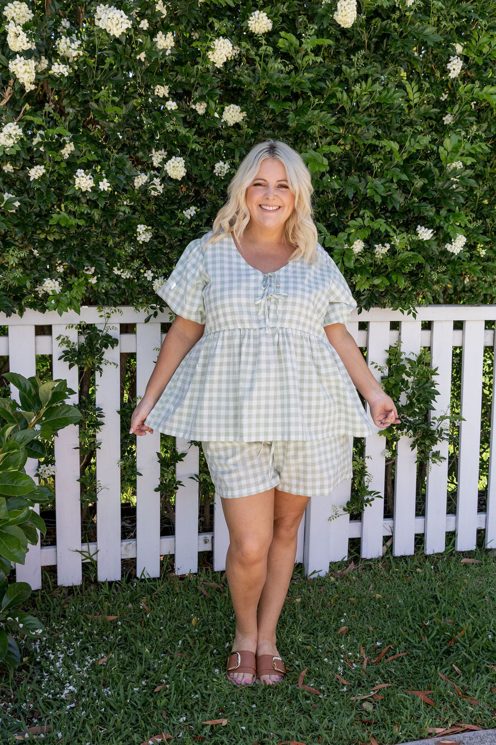 Birdie Top in Sage Gingham