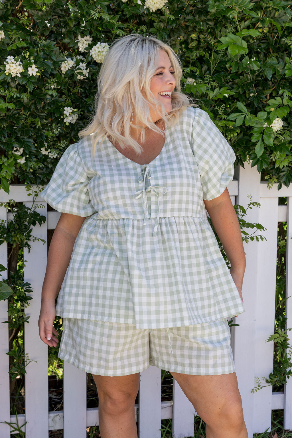 Birdie Top in Sage Gingham