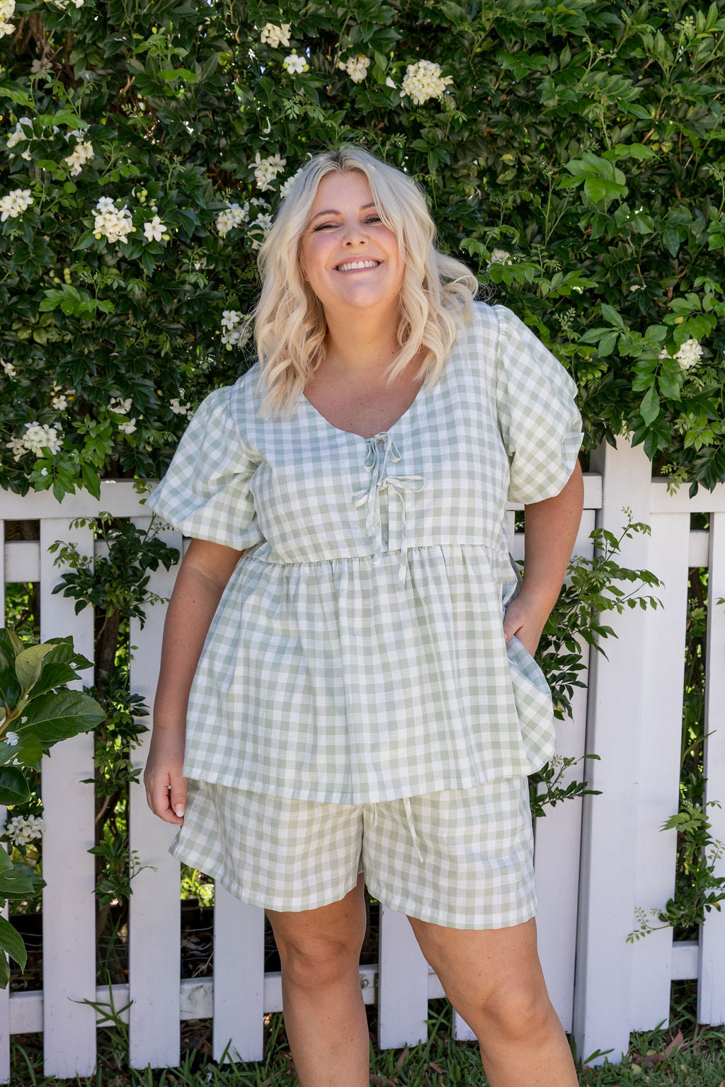 Birdie Top in Sage Gingham