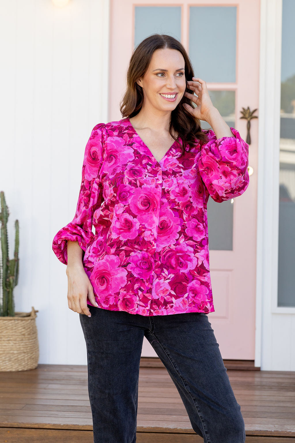 Winona Long Sleeve Blouse In Pink Roses