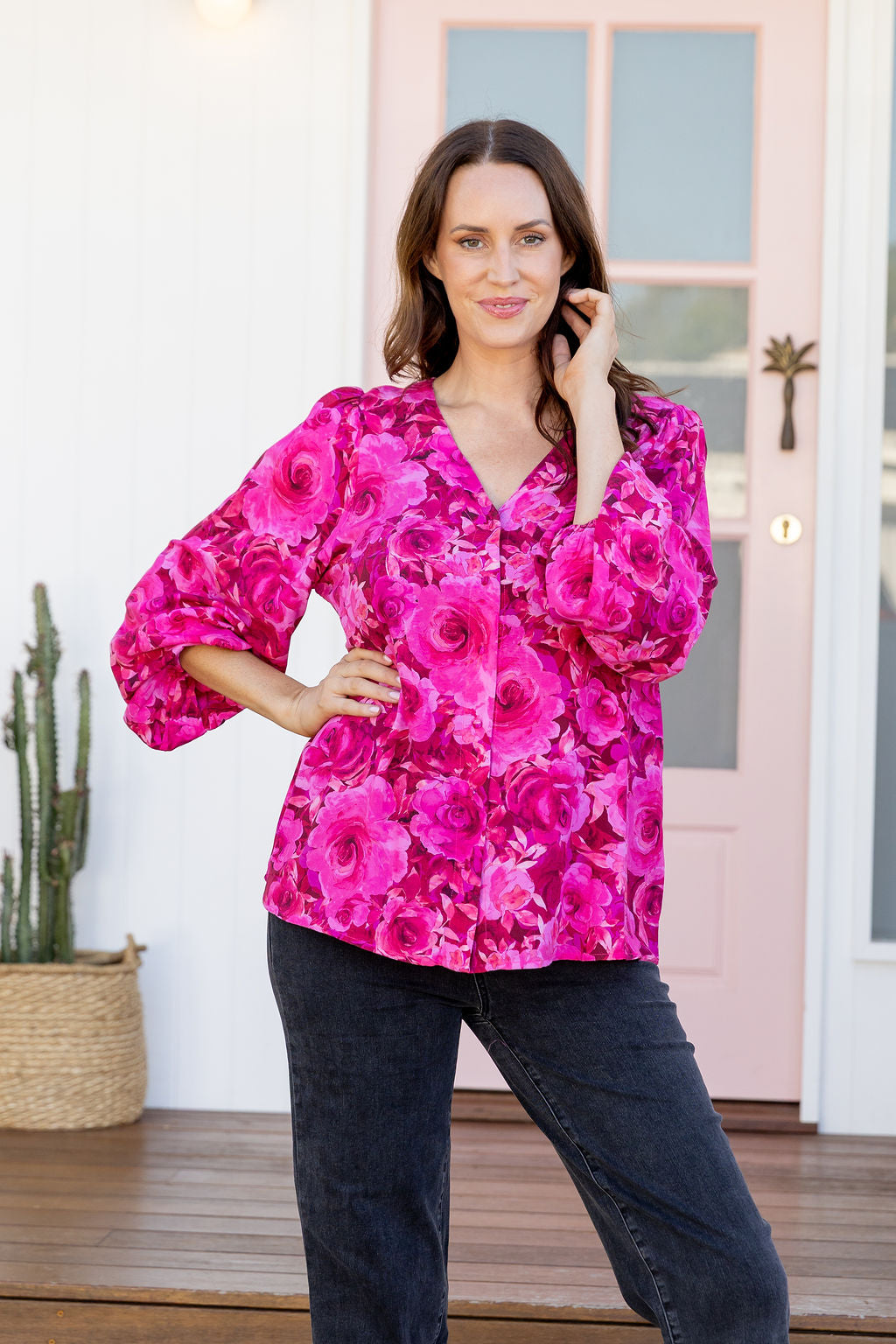 Winona Long Sleeve Blouse In Pink Roses