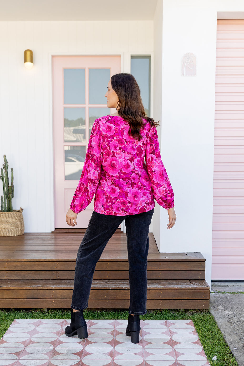 Winona Long Sleeve Blouse In Pink Roses