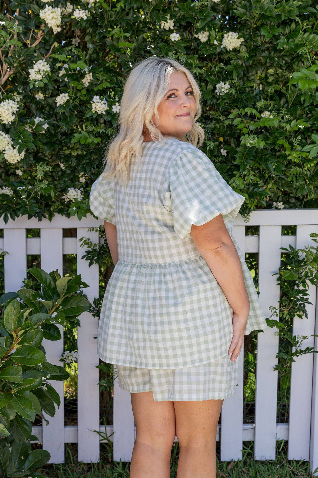 Birdie Top in Sage Gingham