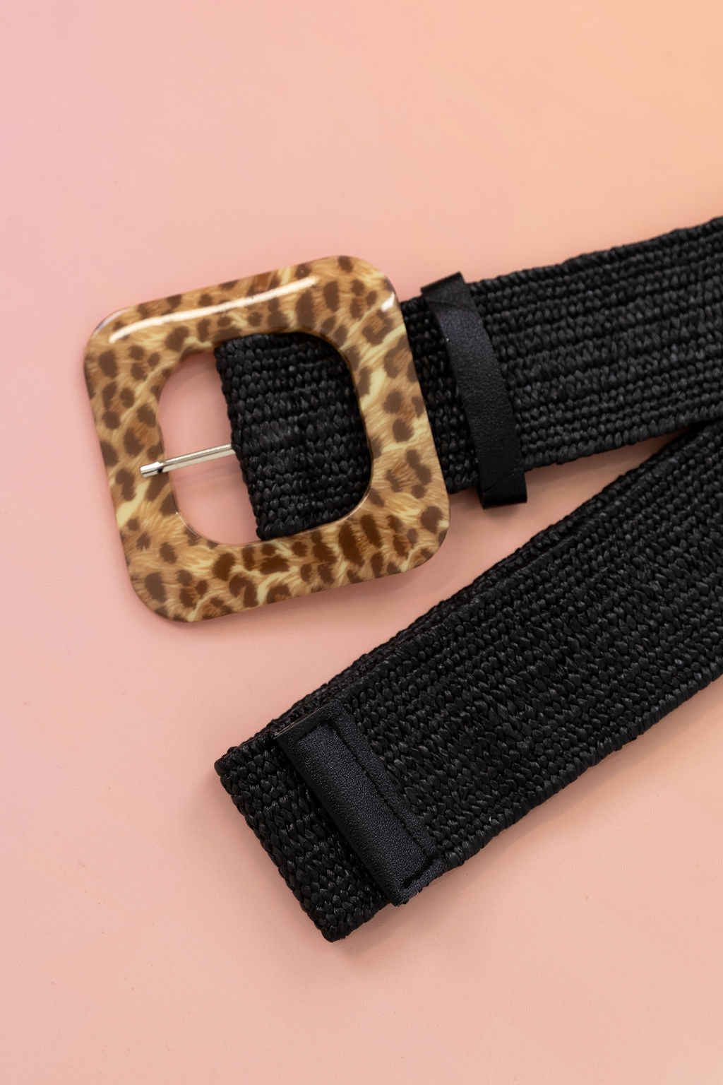 Extra Length Stretch Belt with Leopard Buckle in Black