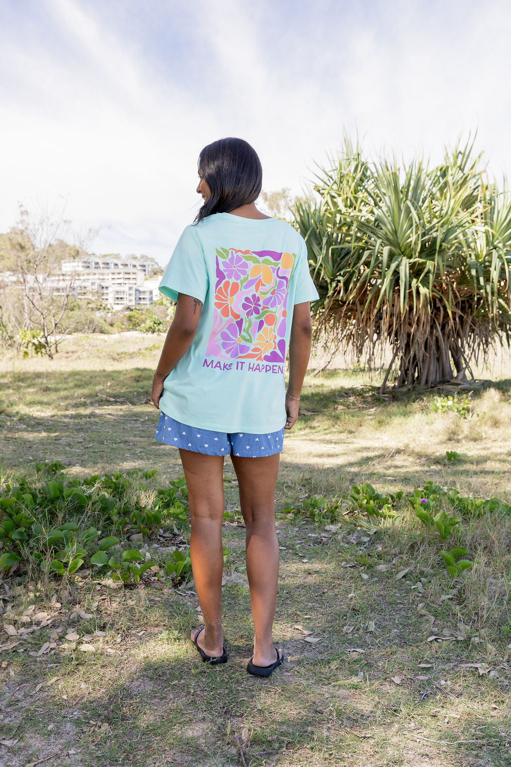 Make it Happen V-Neck Tee in Aqua