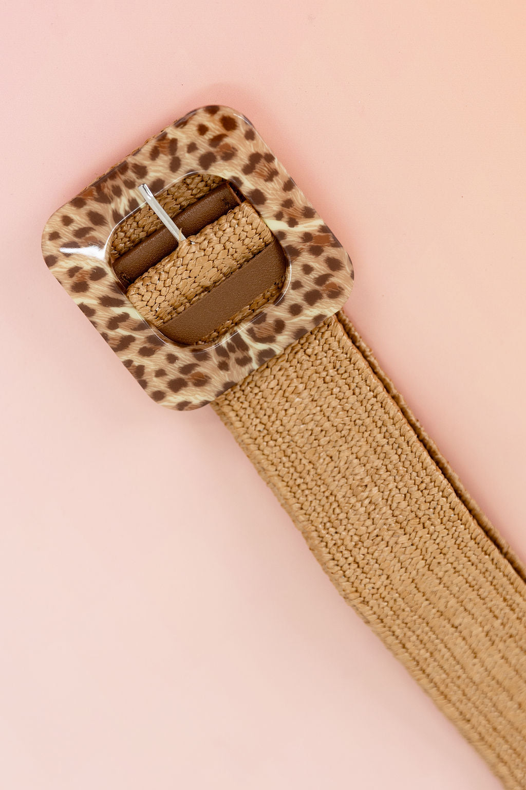 Extra Length Stretch Belt with Leopard Buckle in Sand