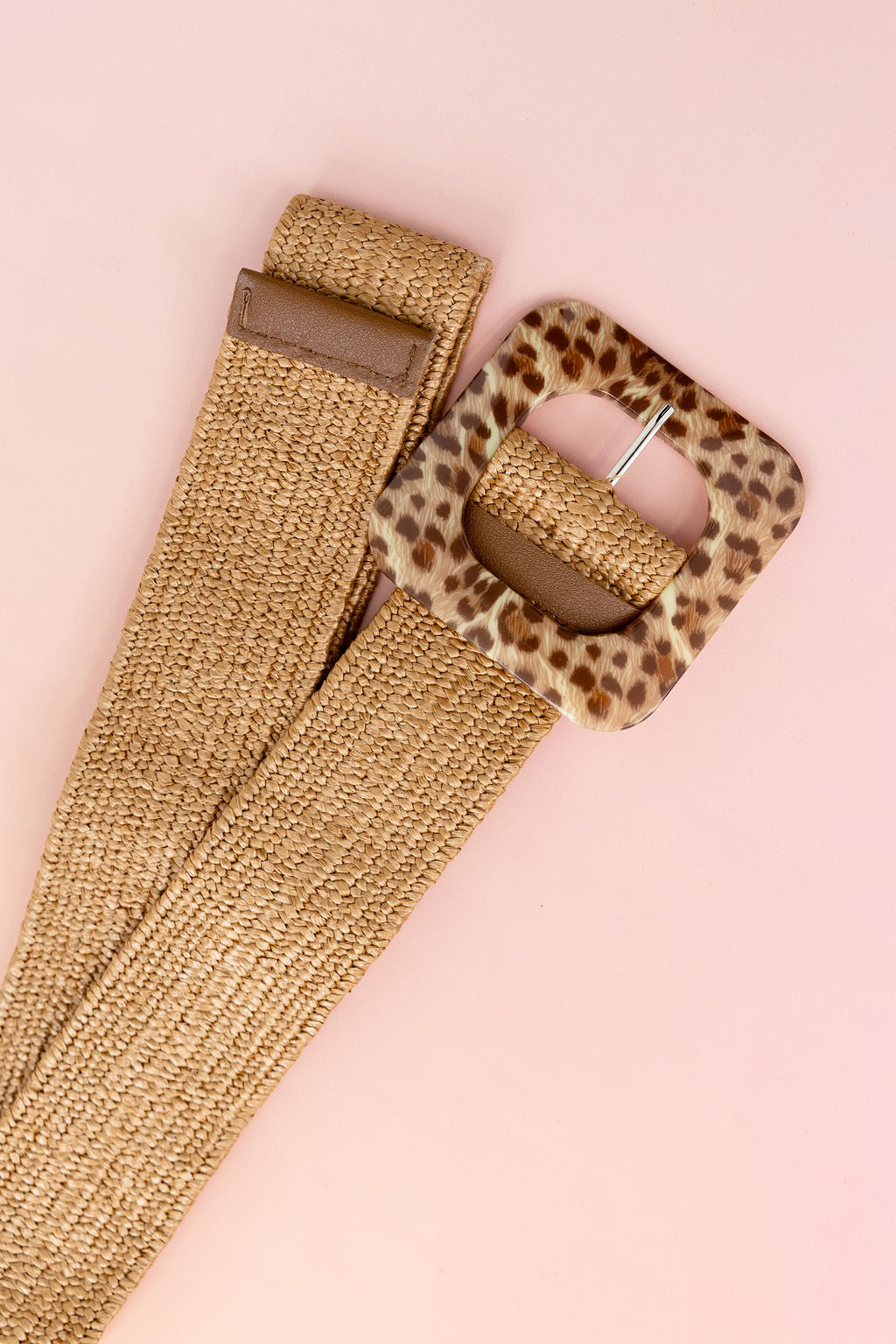 Extra Length Stretch Belt with Leopard Buckle in Sand
