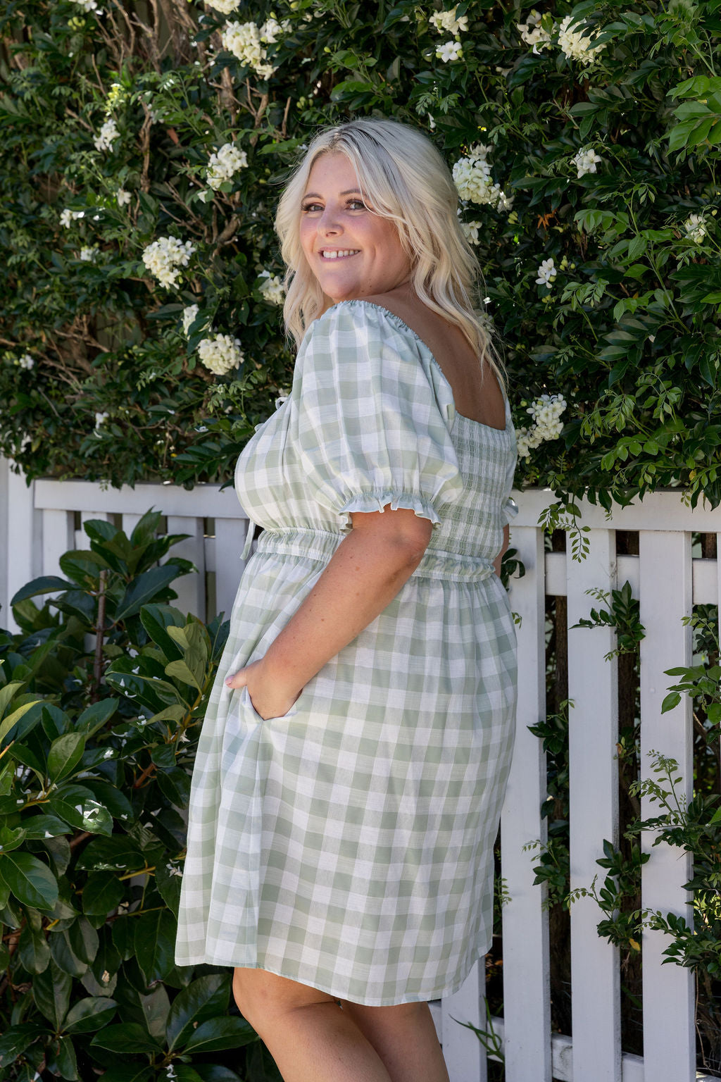 Amberly Dress in Sage Gingham