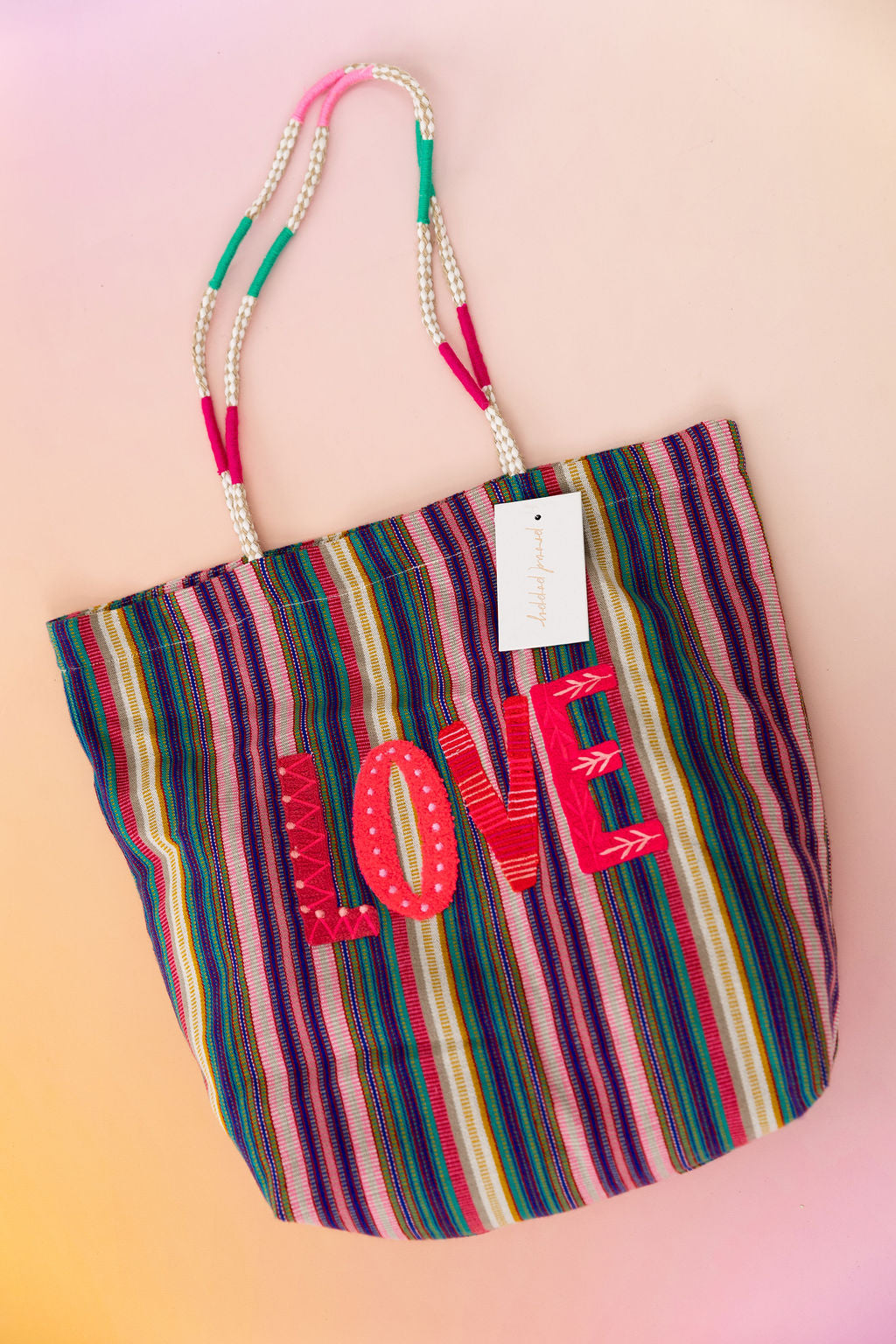 Love Striped Woven Tote Bag