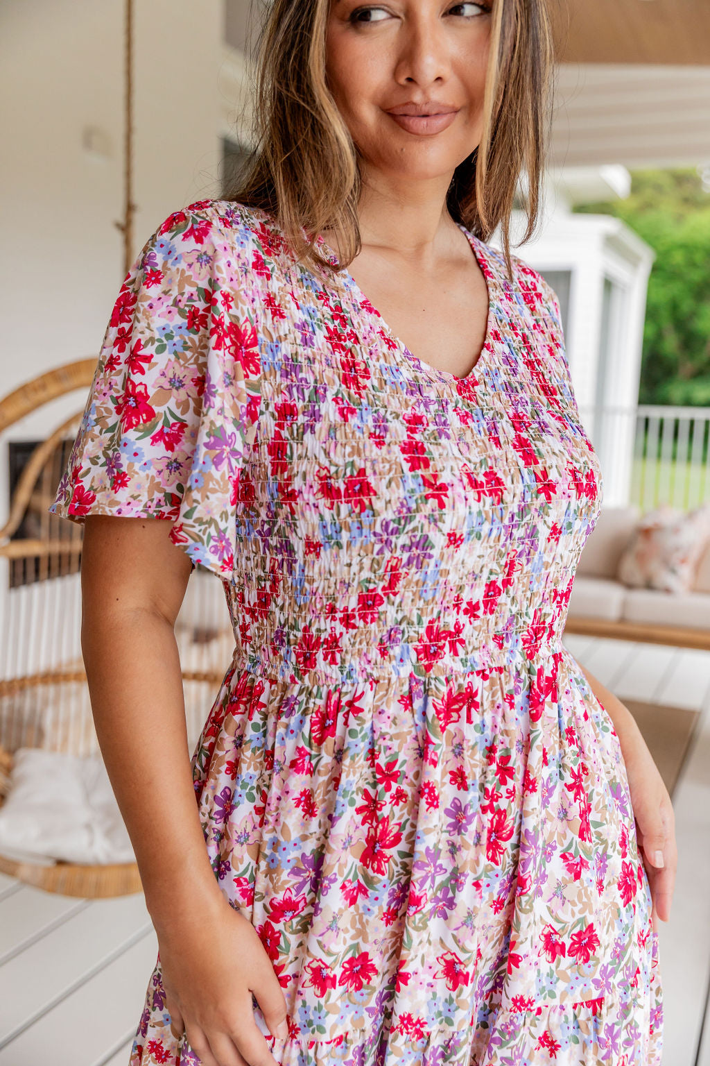 Henny Shirred Midi Dress in Light Floral