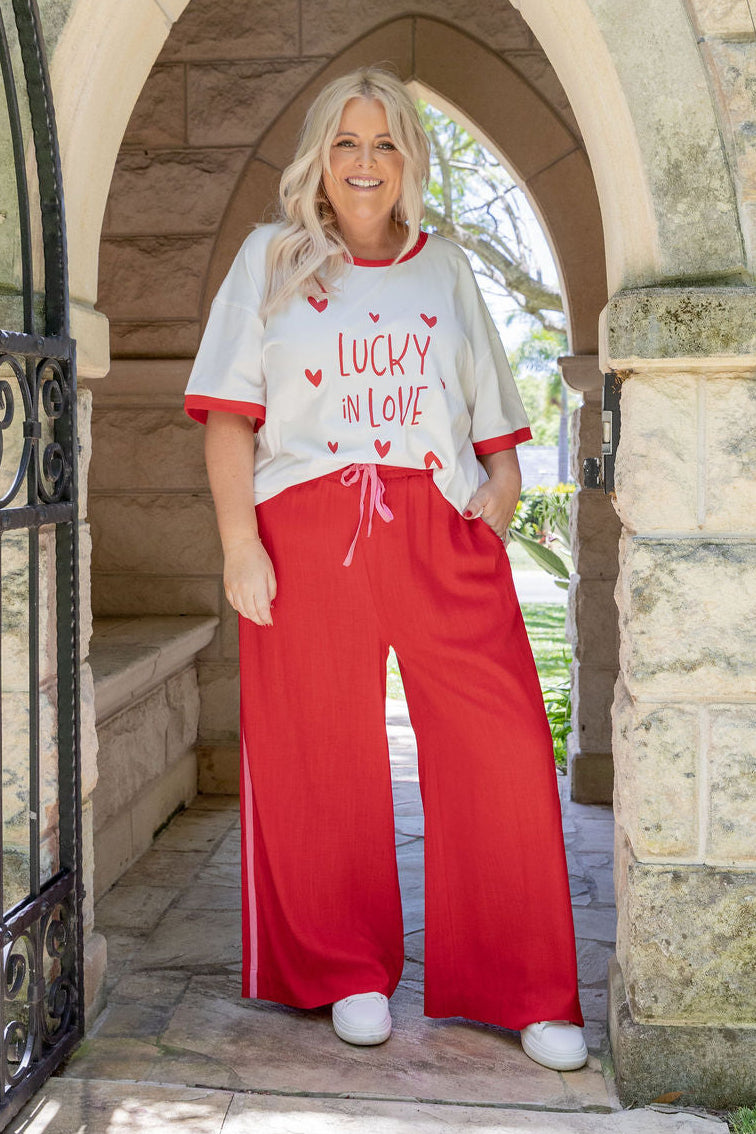 Side Stripe Linen Blend Pants in Red/Pink