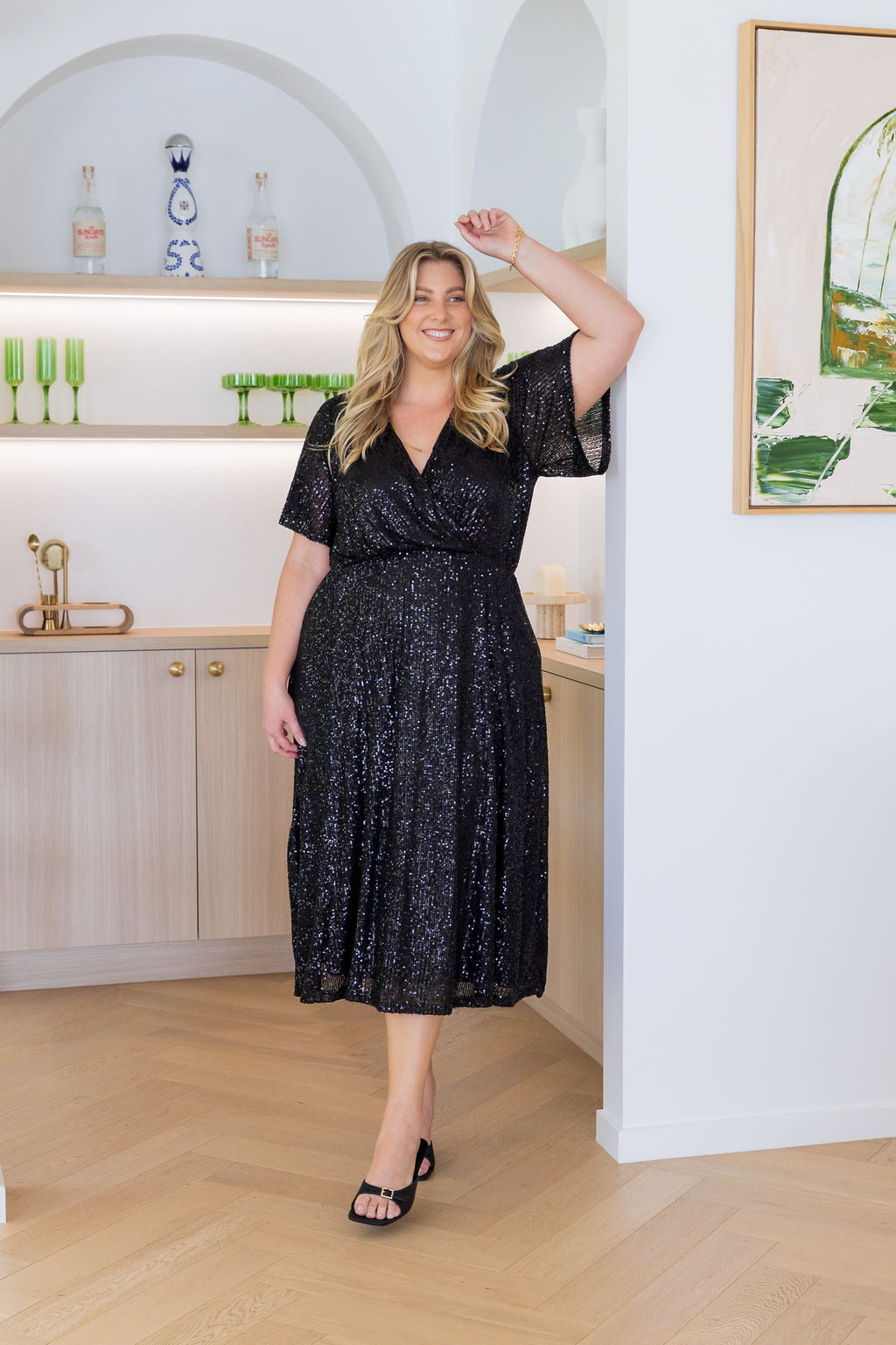 Athelia Sequin Midi Dress in Black