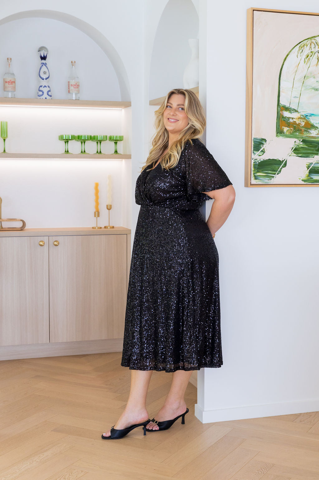 Athelia Sequin Midi Dress in Black