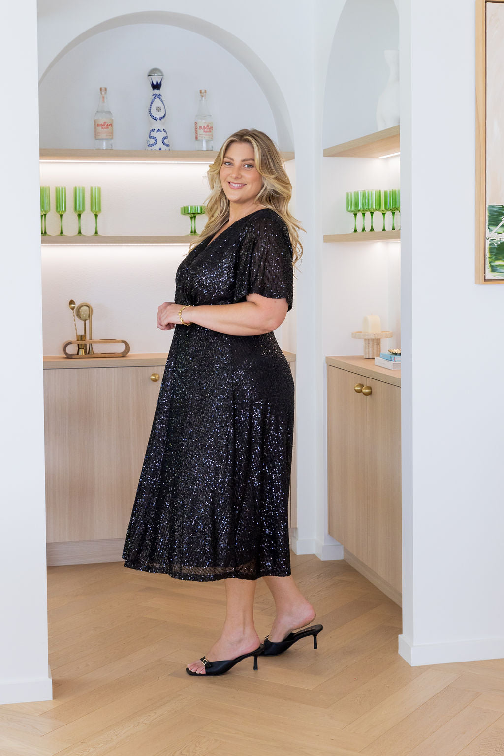 Athelia Sequin Midi Dress in Black
