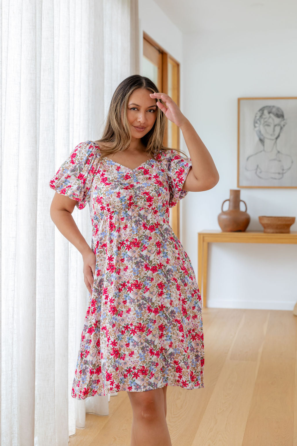 Charlotte Puff Sleeve Dress in Light Floral