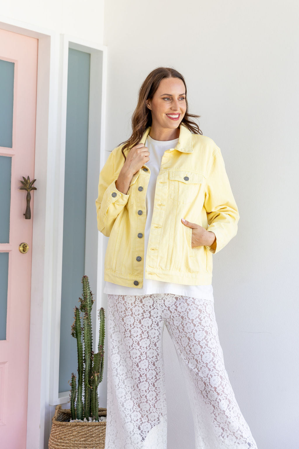 Hayden Boyfriend Denim Jacket in Butter Yellow