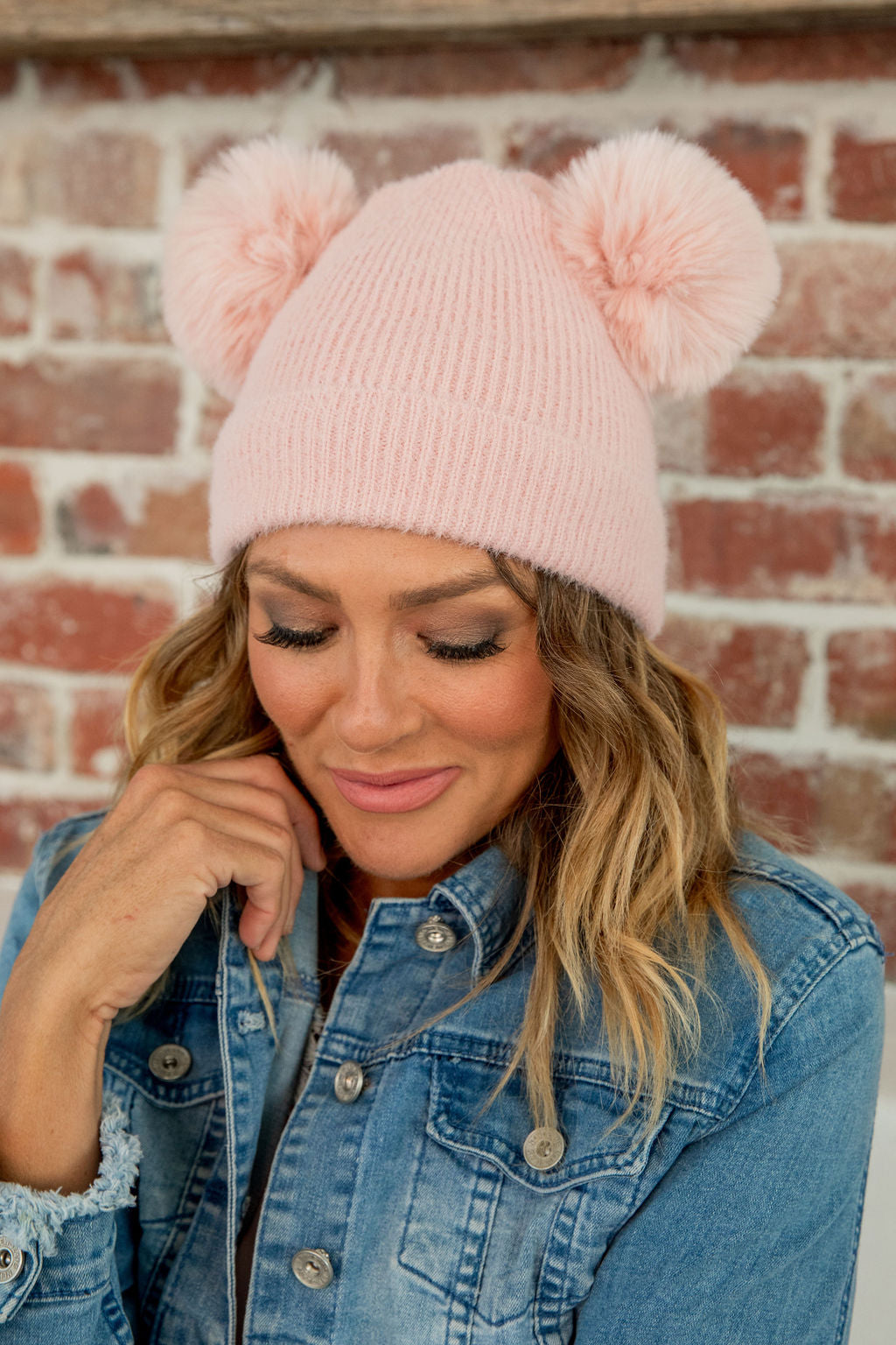 Double Pom Pom Beanie in Pink