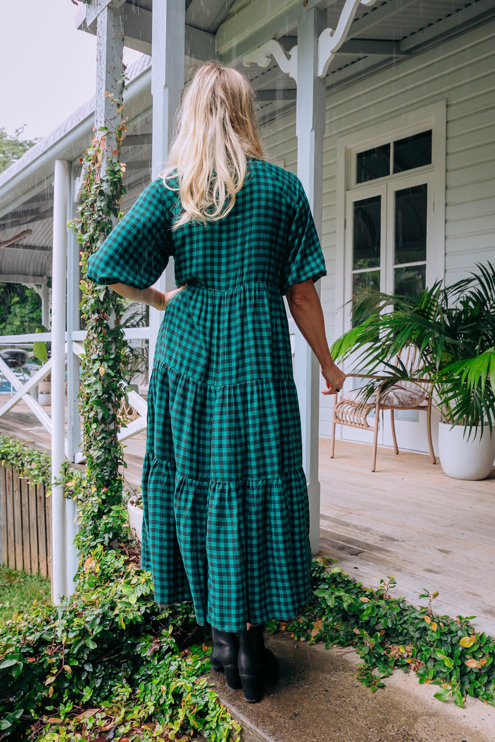 Green and 2025 white checkered dress