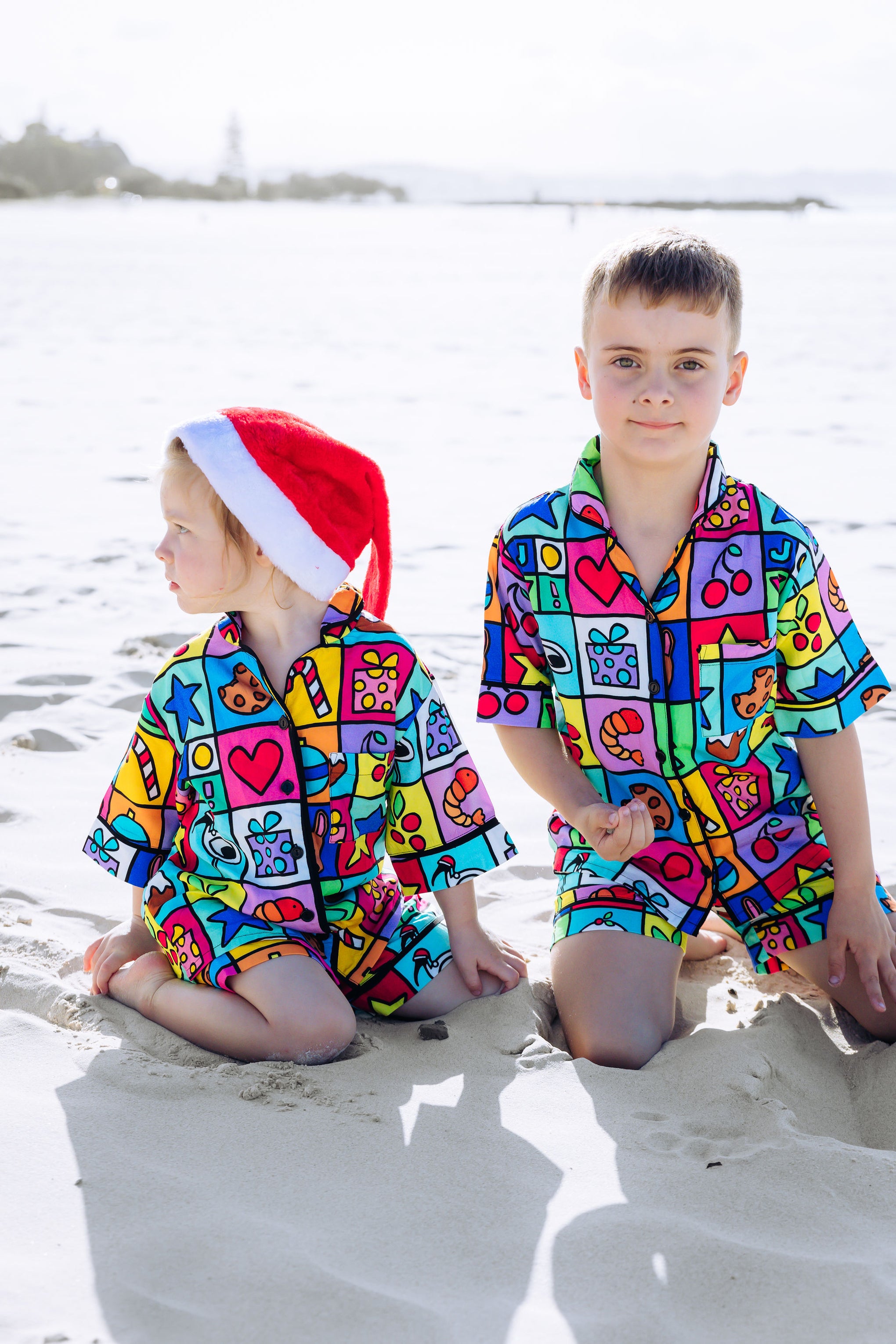 Elves Kids Shirt & Shorts Pyjama Set in Christmas Checkers by Kasey Rainbow