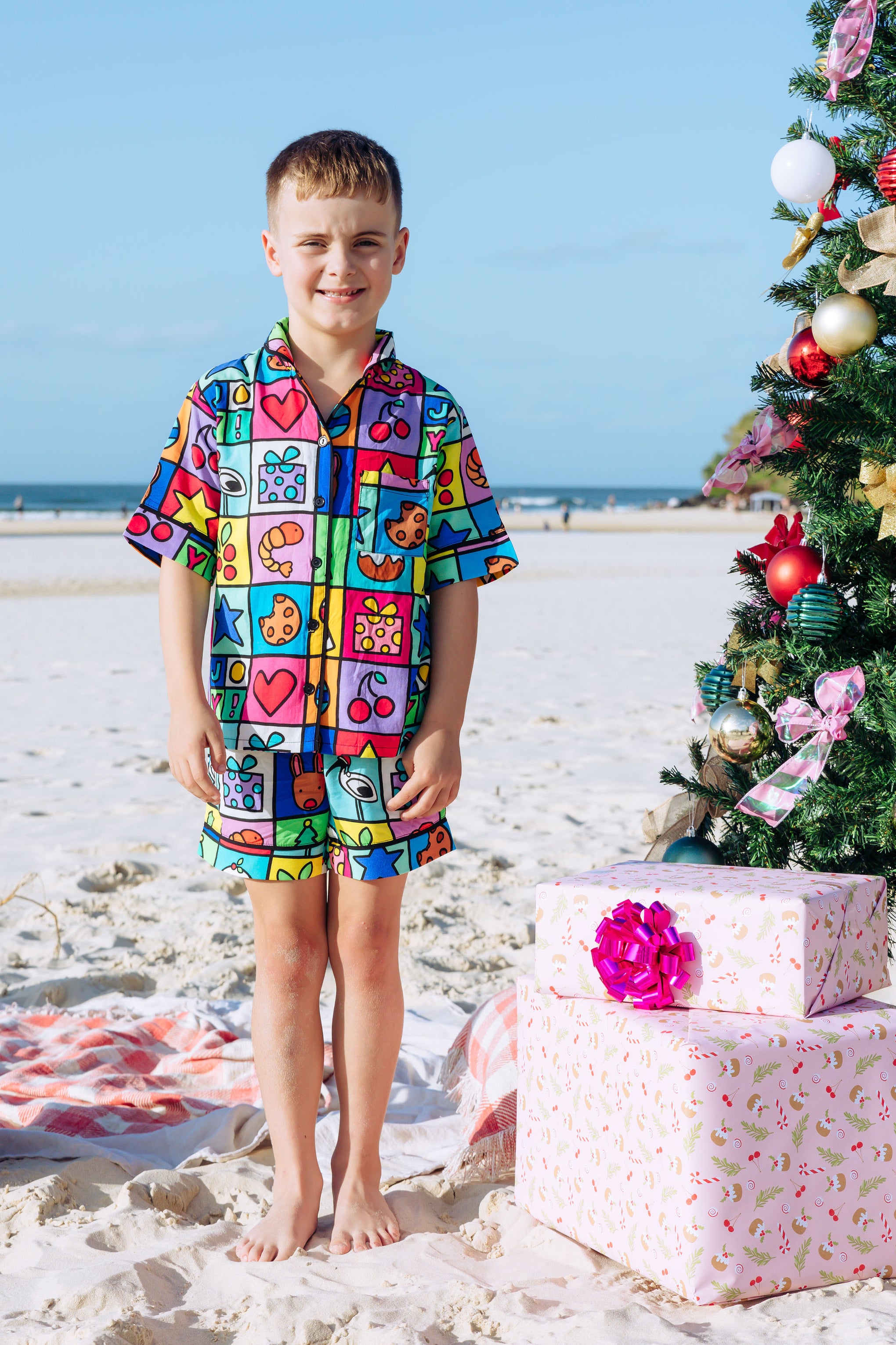 Elves Kids Shirt & Shorts Pyjama Set in Christmas Checkers by Kasey Rainbow