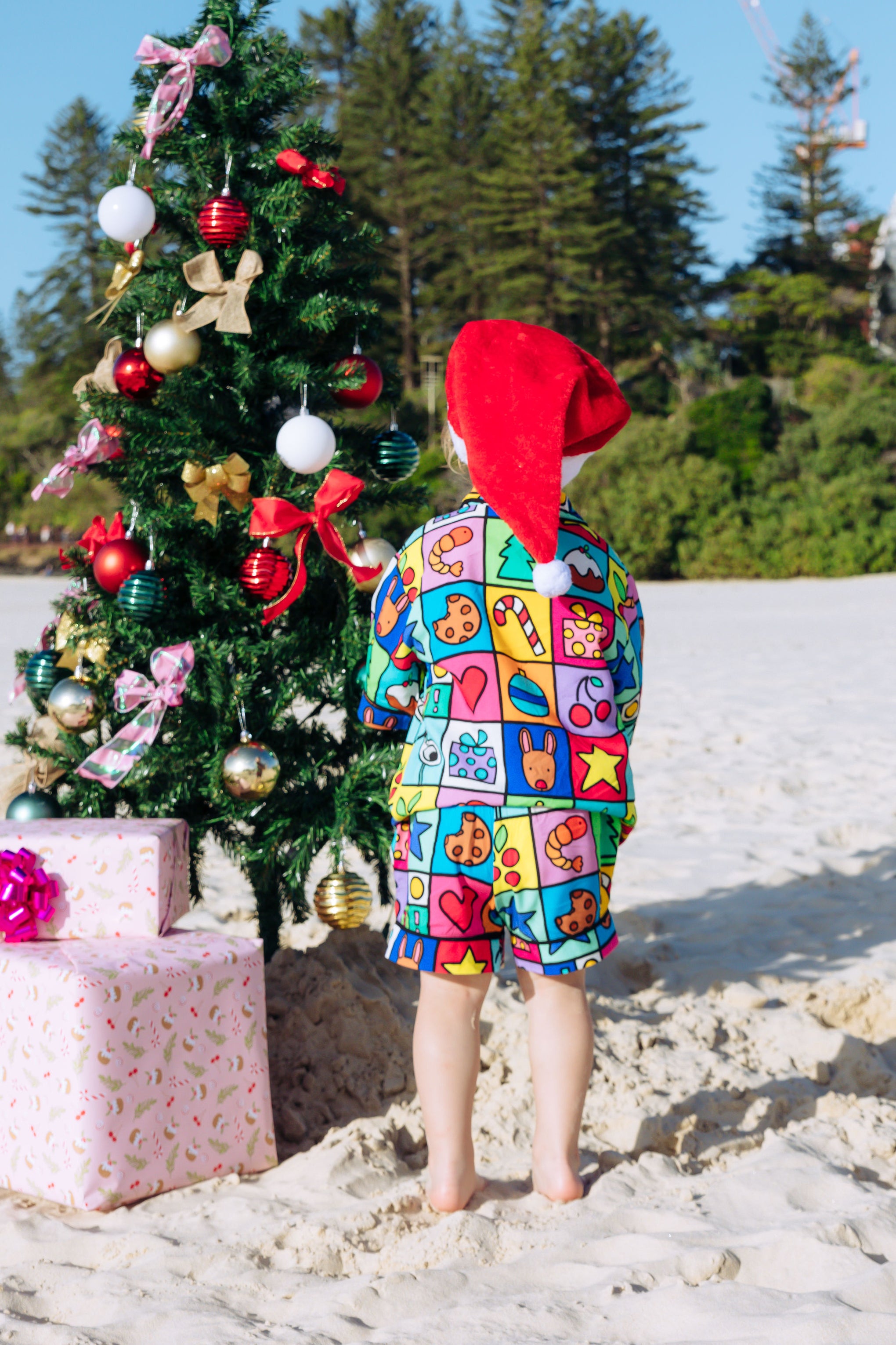 Elves Kids Shirt & Shorts Pyjama Set in Christmas Checkers by Kasey Rainbow