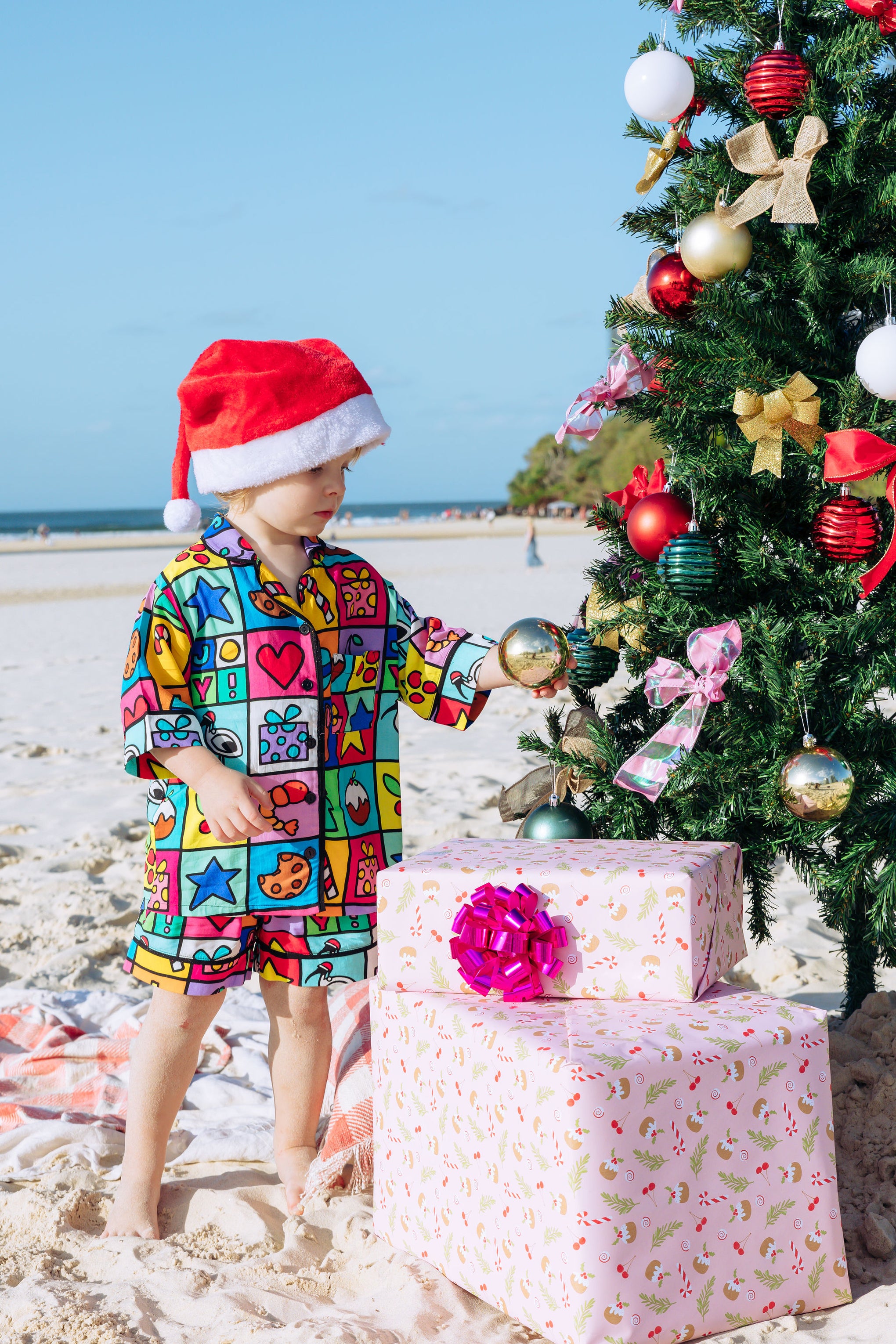 Elves Kids Shirt & Shorts Pyjama Set in Christmas Checkers by Kasey Rainbow