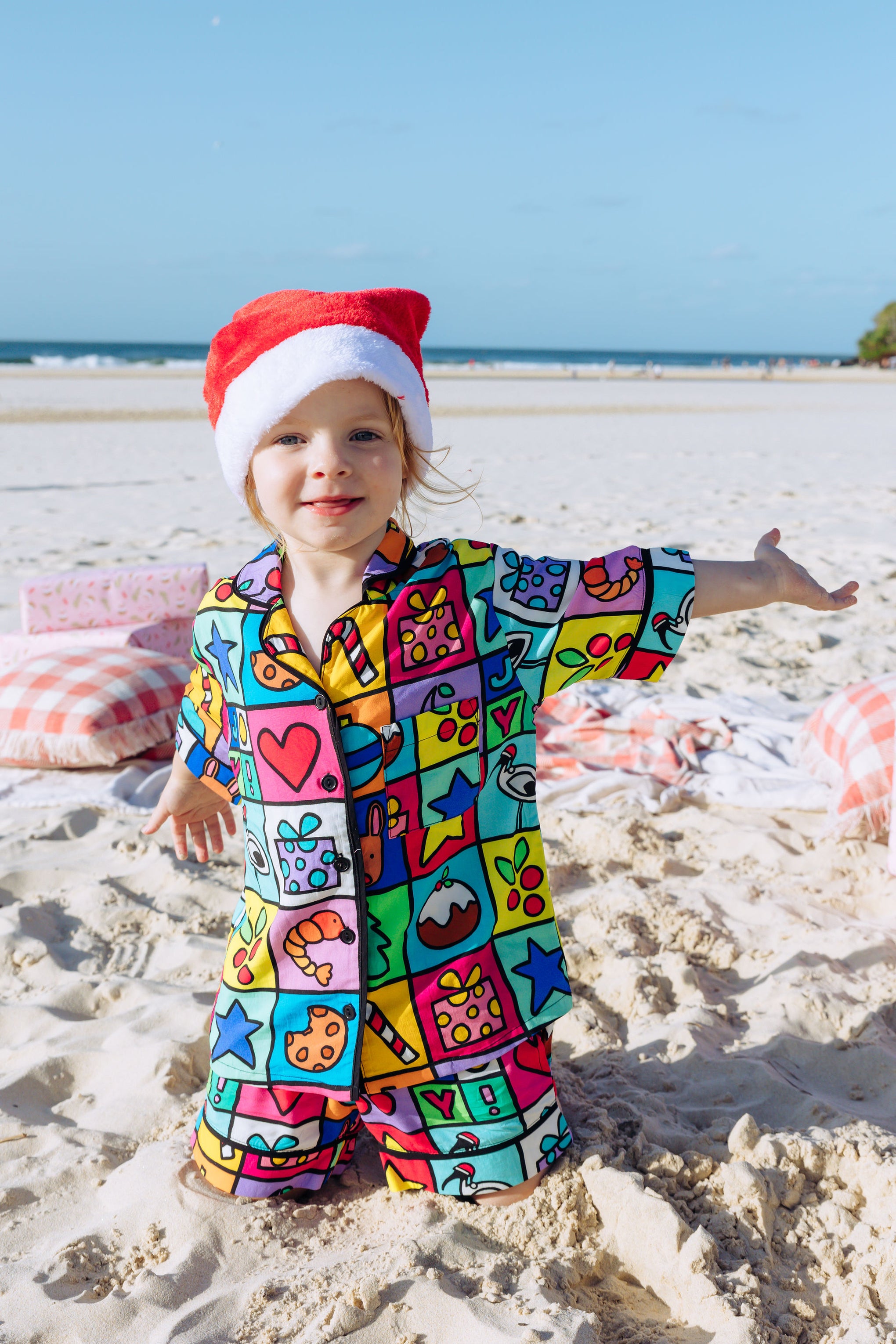 Elves Kids Shirt & Shorts Pyjama Set in Christmas Checkers by Kasey Rainbow