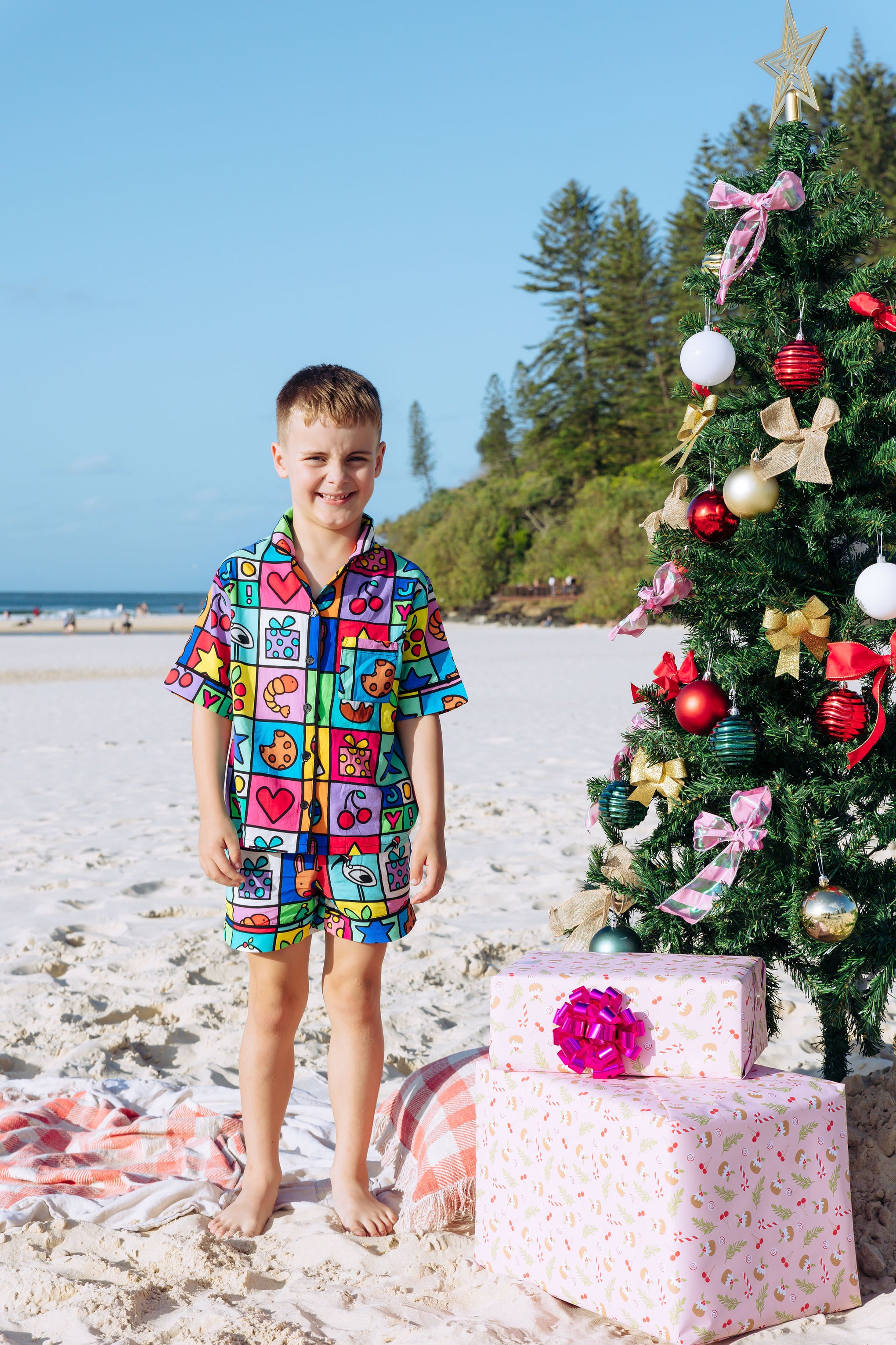 Elves Kids Shirt & Shorts Pyjama Set in Christmas Checkers by Kasey Rainbow