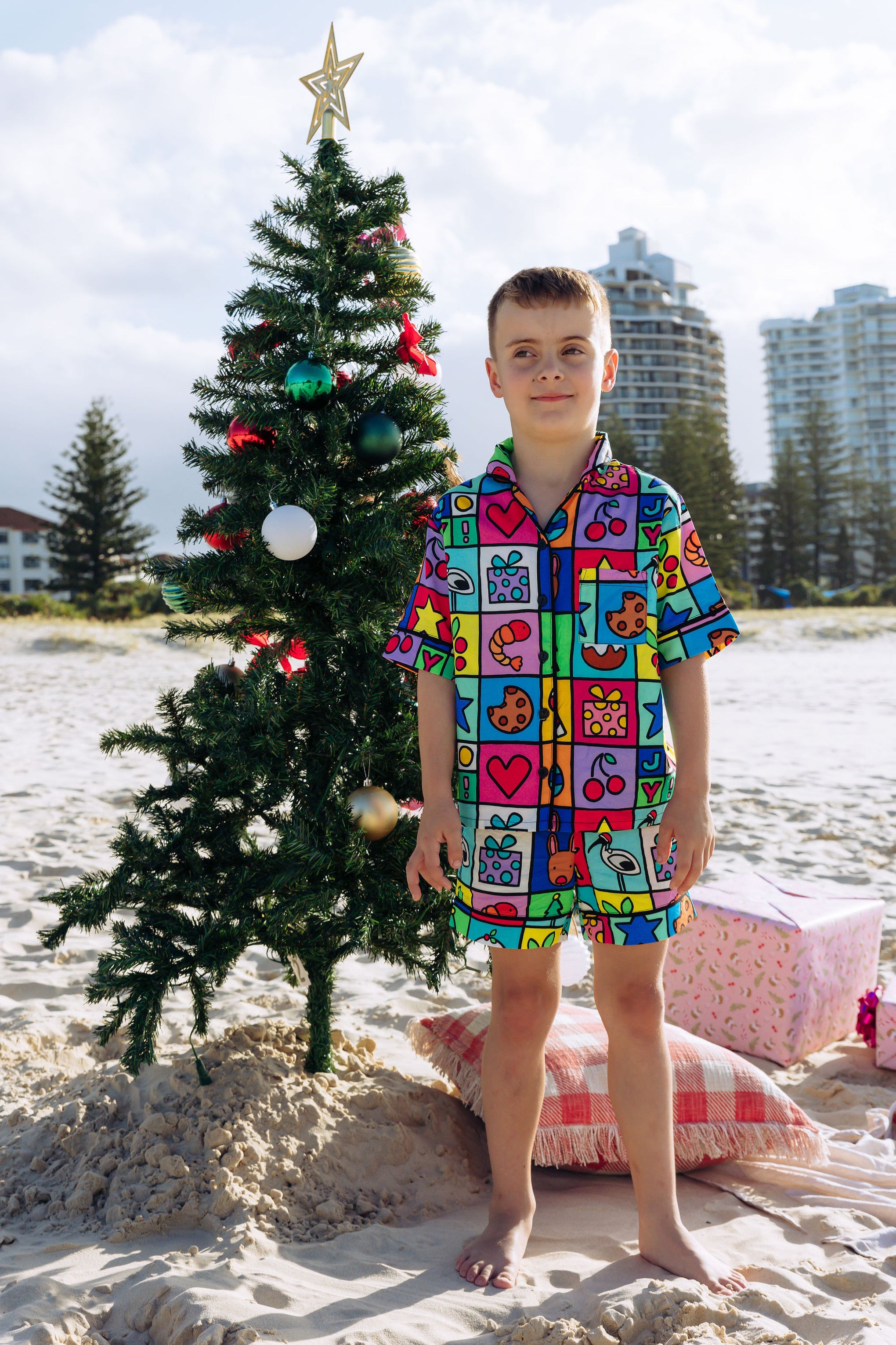 Elves Kids Shirt & Shorts Pyjama Set in Christmas Checkers by Kasey Rainbow