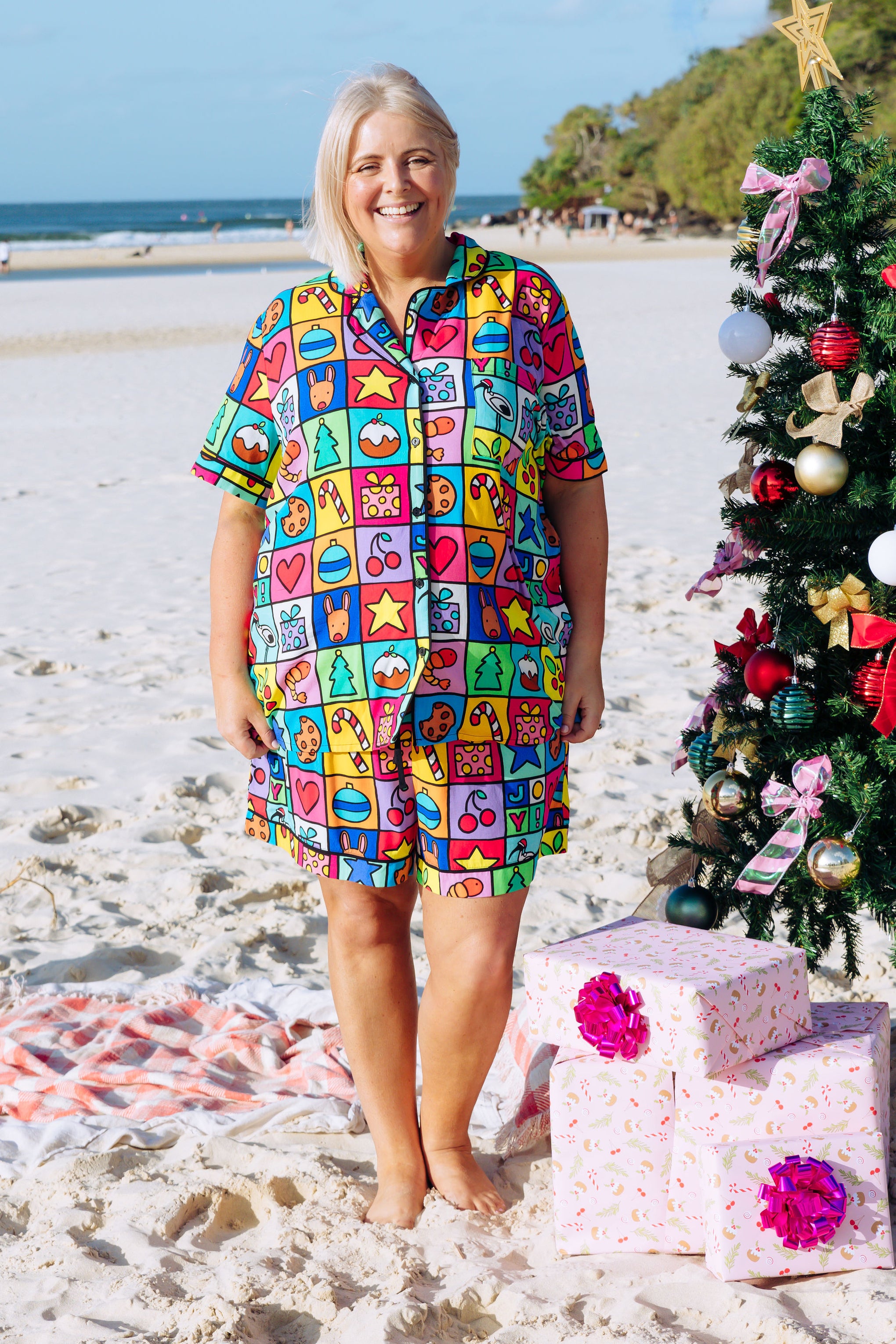 Mistletoe Shirt & Shorts Pyjama Set in Christmas Checkers by Kasey Rainbow