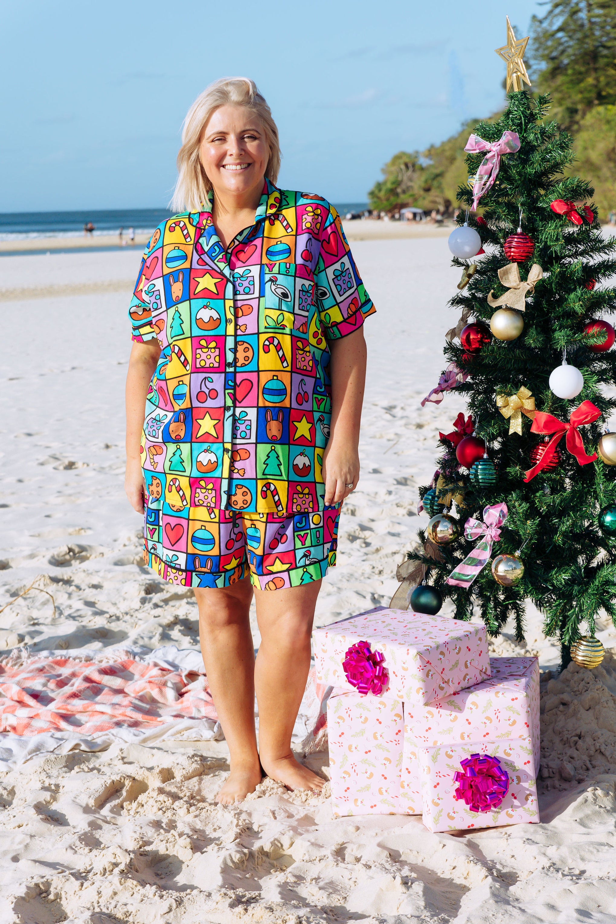 Mistletoe Shirt & Shorts Pyjama Set in Christmas Checkers by Kasey Rainbow