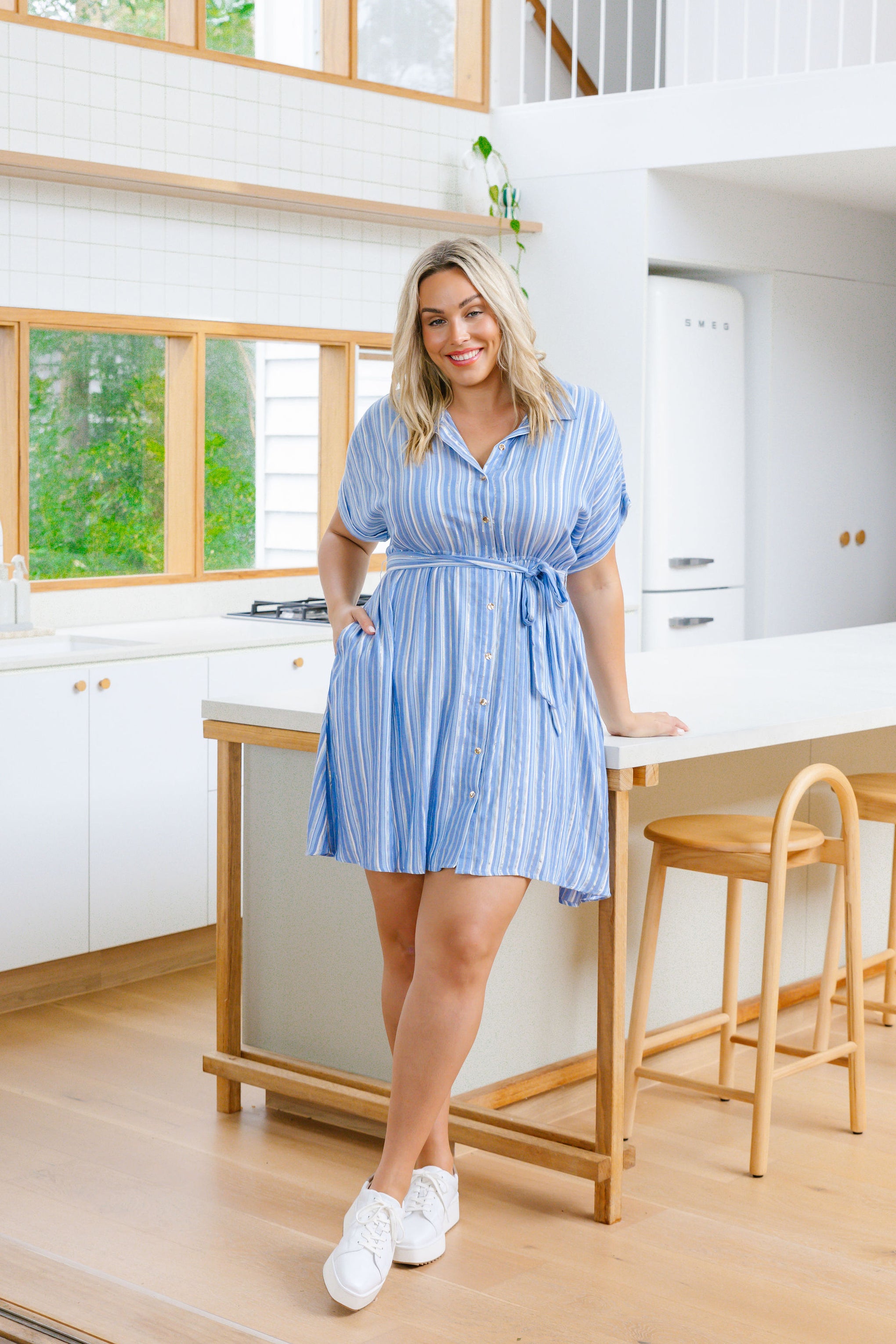 Romy Party Dress in Blue/Metallic Stripe