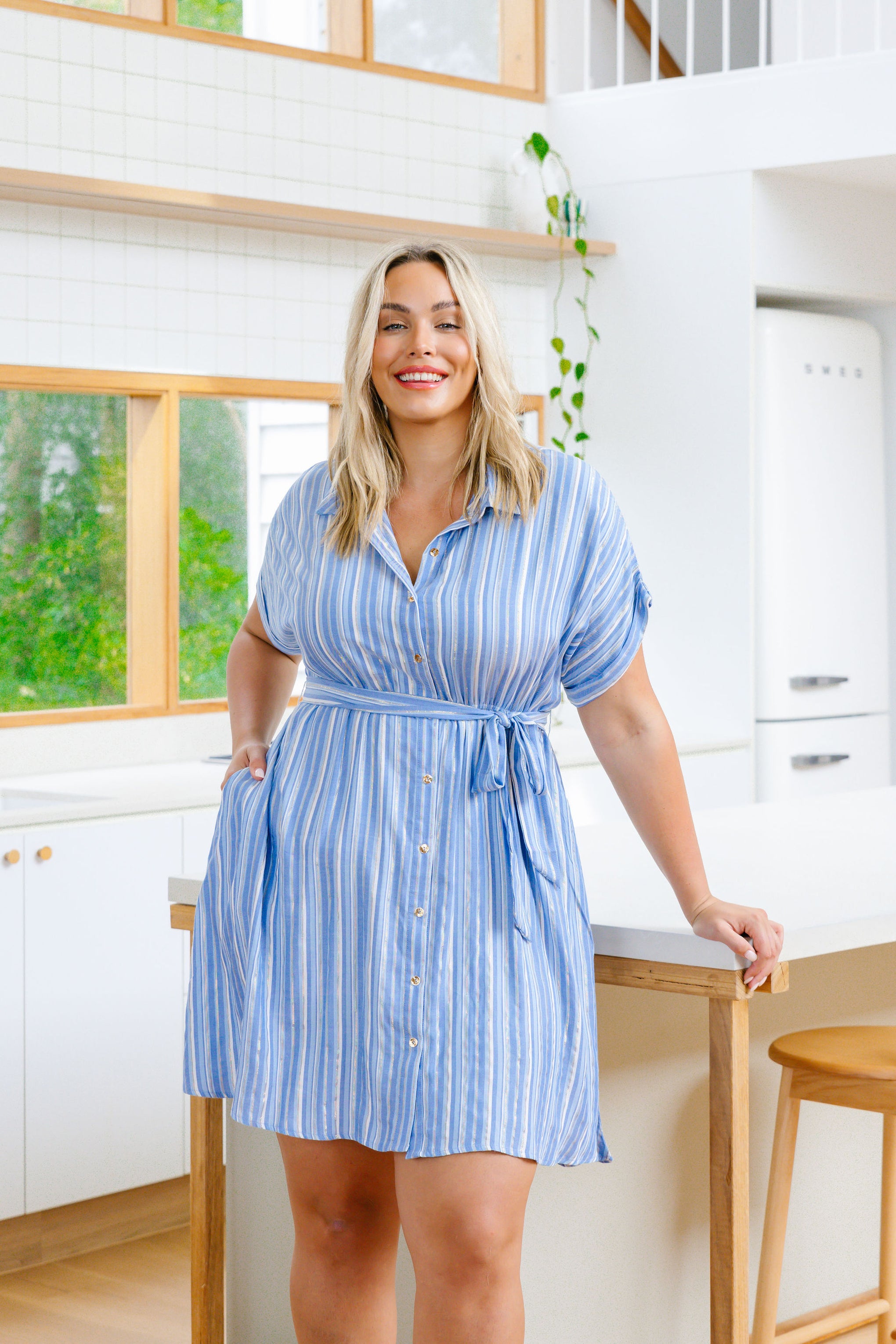Romy Party Dress in Blue/Metallic Stripe