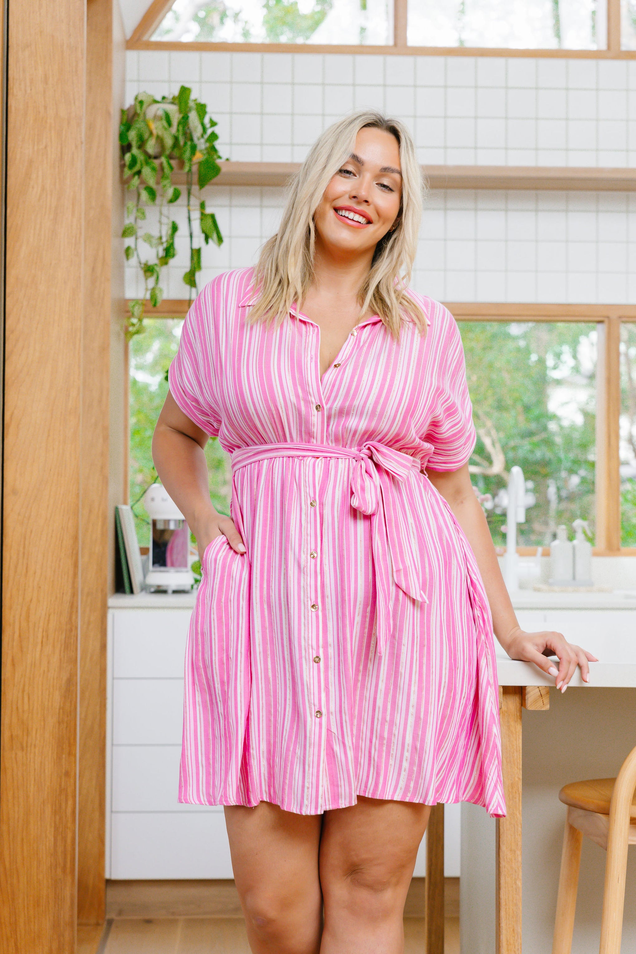 Romy Dress in Pink/Metallic Stripe