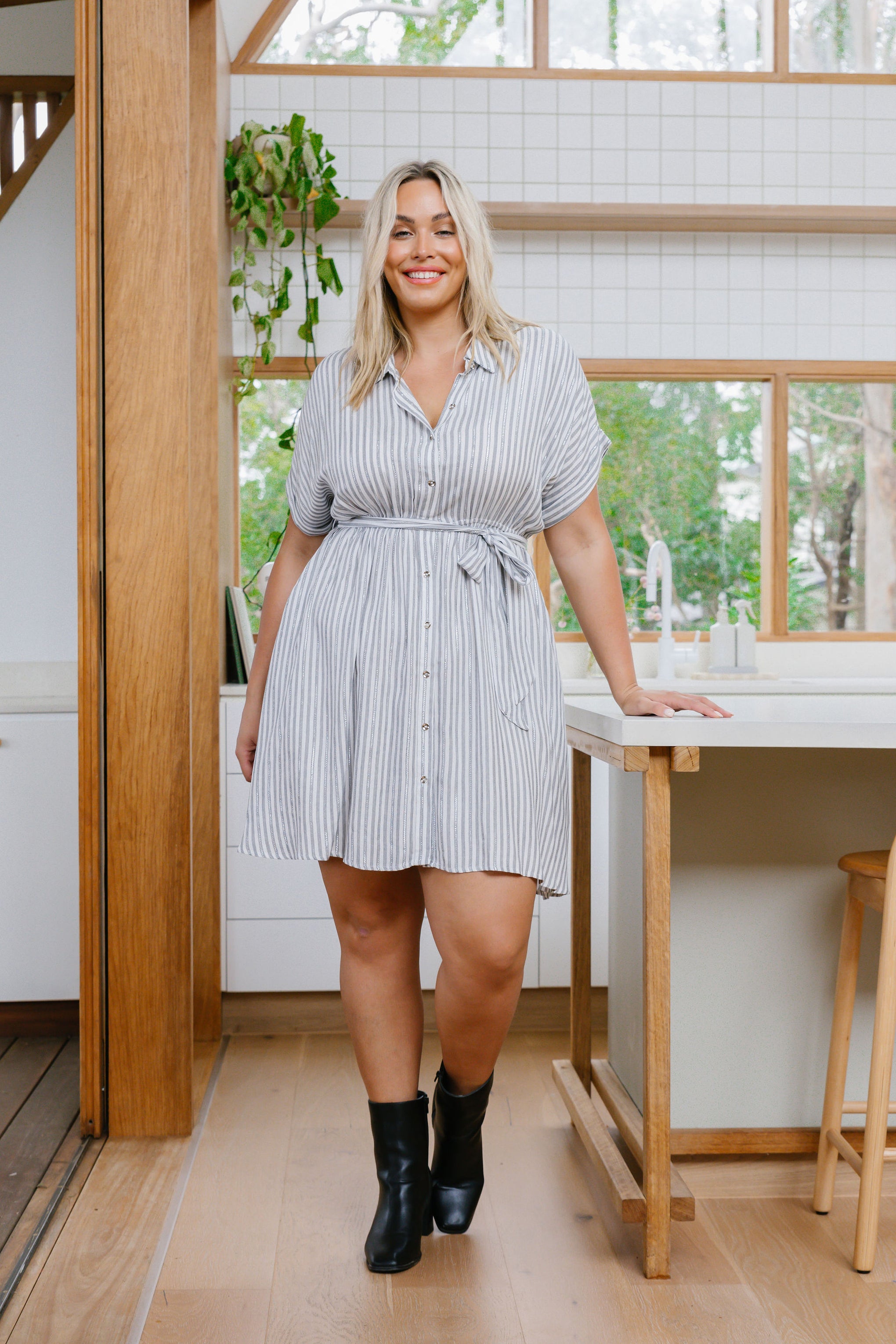 Romy Party Dress in White/Metallic Stripe